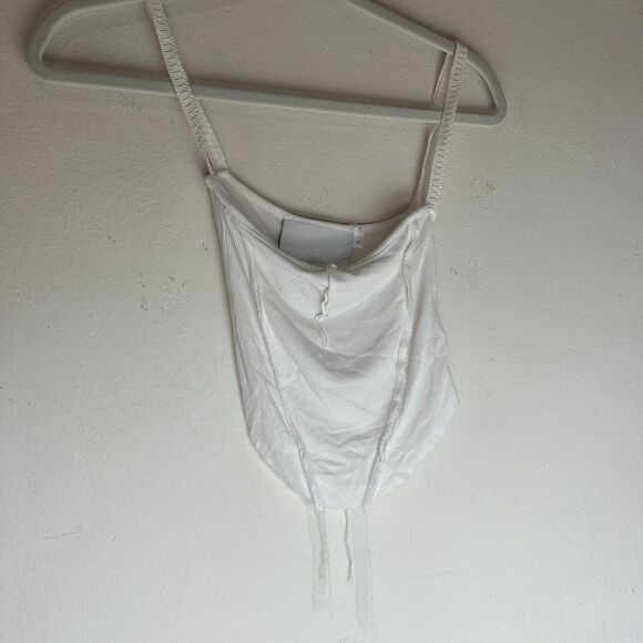 Sami Miro Vintage White VCut Square Neck Tank White Babyrib Raw Cut Trim Top SM - Picture 9 of 12